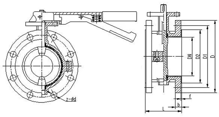 D41F手動(dòng)法蘭蝶閥，不銹鋼法蘭蝶閥，襯四氟法蘭蝶閥結(jié)構(gòu)尺寸